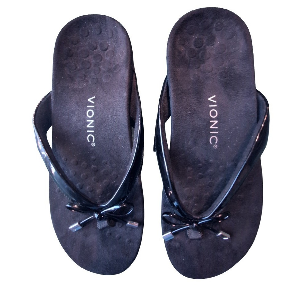 Vionic Women's Bella Toe Post Sandals Black Size 9 Wide Bow Orthopedic Comfort